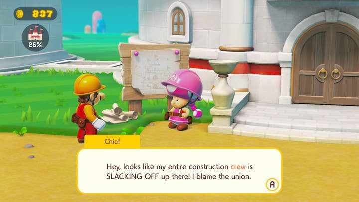 Breaking News In Mario Maker, work crew chief Toadette complains to Mario, 