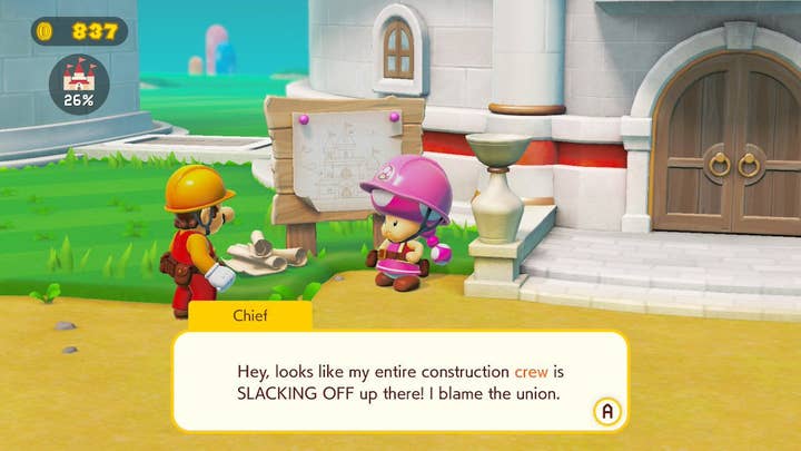Breaking News In Mario Maker, work crew chief Toadette complains to Mario,