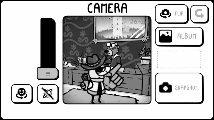 Toem - The viewfinder of a manual camera in a greyscale world. A character poss with a foam finger beside a bear receptionist. The camera interface has a room bar and several other buttons.