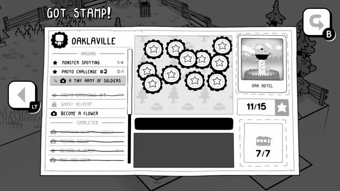 Toem demo - A community card with several overlapping stamps. A quest log on the left lists tasks like "Become a flower" and "Photo challenge #2"
