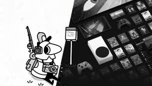 A split image featuring the player character from Toem sitting down on a field and a collection of Xbox hardware and software. A black and white filter has been applied to the whole image.