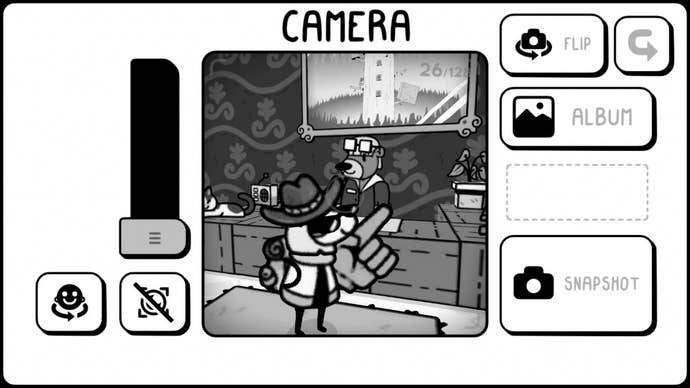 A black and white screenshot of Toem, taken from the camera-eye view – a viewfinder, some buttons, and menu prompts populate the screen.