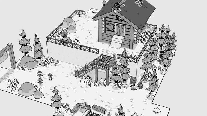 A black and white screenshot by Toem, showing a small cabin from an isometric perspective