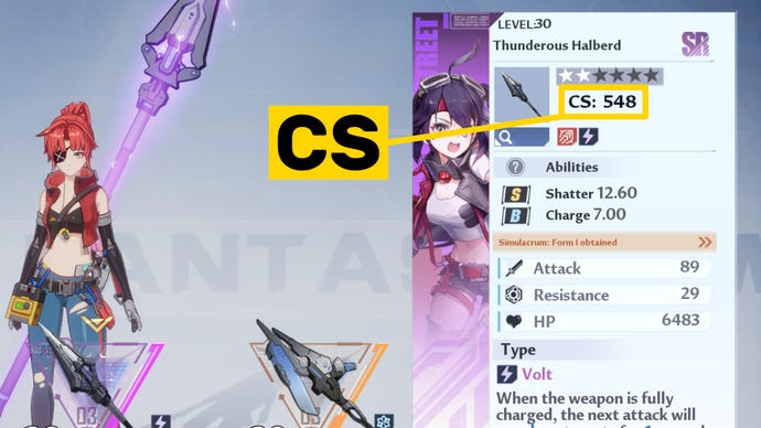 Part of the Tower Of Fantasy weapon screen showcasing the Thunderous Halberd weapon. A yellow annotation marks the area where the weapon's CS stat is displayed.