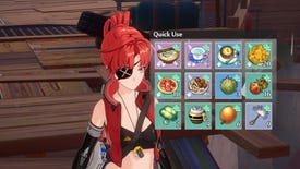 The player in Tower Of Fantasy opens up the quick use panel for food items.