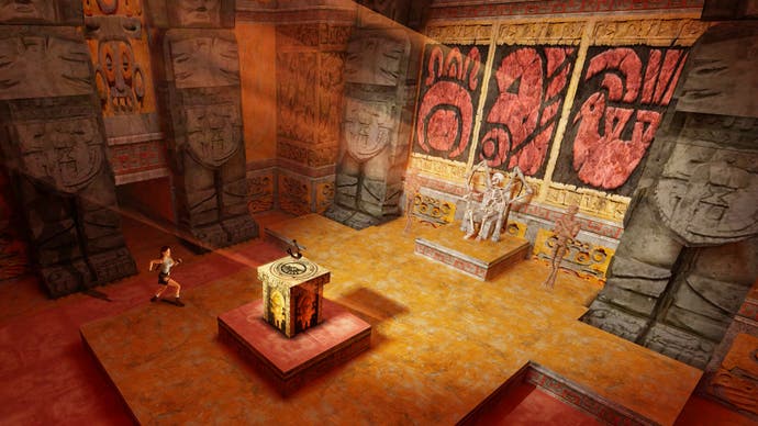 لارا کرافت به یک سکوی بلند در معبد نزدیک می شود در حالی که یک اسکلت روی تخت در این صفحه از Tomb Raider Remastered تماشا می کند.