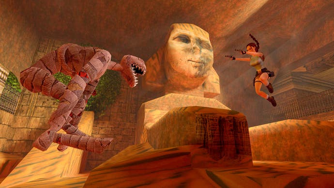 Lara Croft fighting an enemy in a temple.