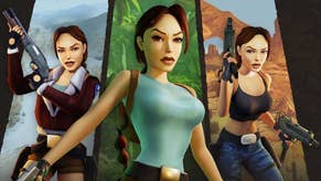 Promotional artwork for Tomb Raider 1-3 Remastered showing three different versions of Lara Croft in front of snowy mountains, jungle, and desert.