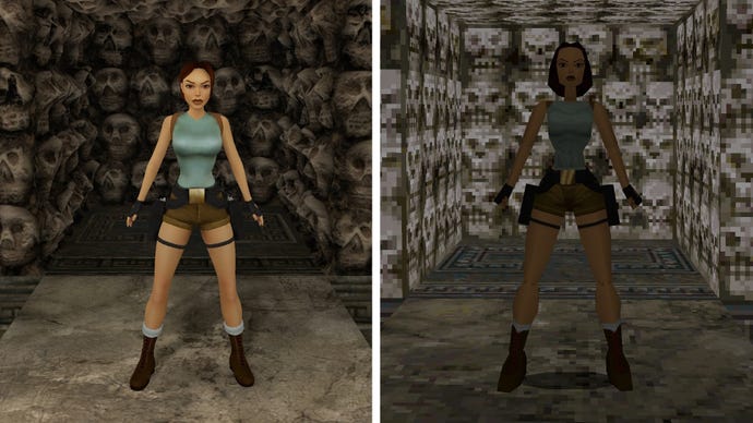 Une comparaison entre les nouveaux et anciens visuels de Tomb Raider 1-3 Remastered Trilogy, mettant en vedette Lara debout devant un coin fait de crânes