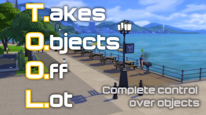 A view across water from a promenade in The Sims 4, with the T.O.O.L. (Takes Objects Off Lot) mod descriptor over it.