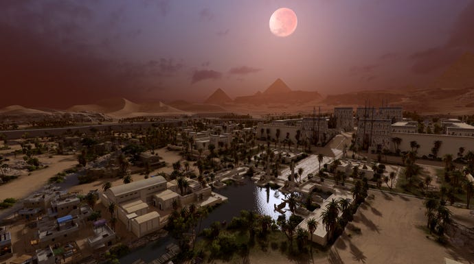 A wide shot of the peaceful city of Men-nefer at night in Total War: Pharaoh