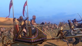 Ramesses going into battle on a chariot in Total War: Pharaoh