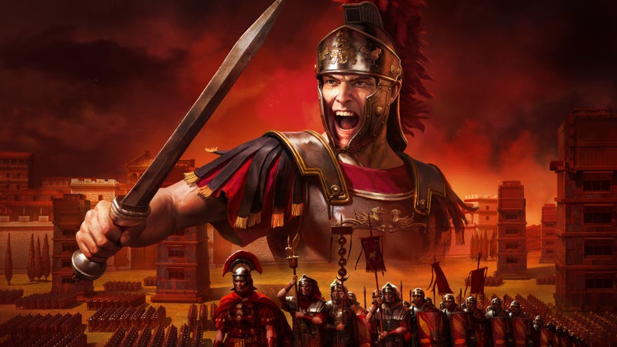 A shouty Roman and his armies in the Total War: Rome Remastered key art.