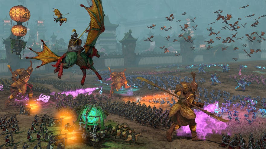 A Grand Cathay army battles in a Total War: Warhammer 3 screenshot.