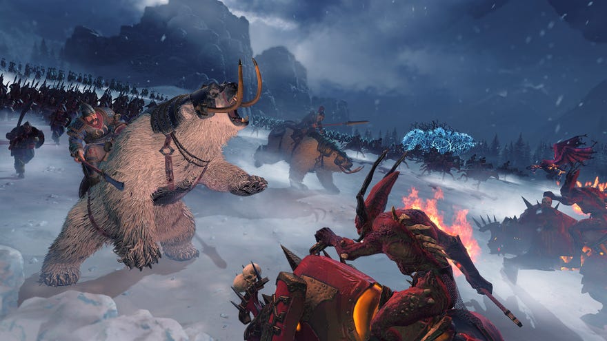 Kislev soldiers riding polar bears fight forces of Chaos in a Total War: Warhammer 3 screenshot.