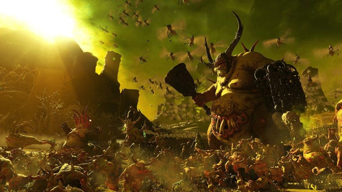 Poisonous fiends of Nurgle rush forward on a battlefield in Total War: Warhammer 3, bugs fly over the battlefield. The battle is coated in a hazy green fog.