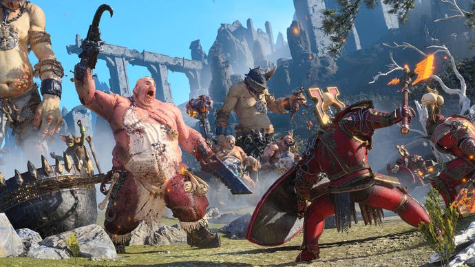 Giant ugly ogres in a screenshot of Total War: Warhammer 3's Ogre Kingdoms DLC.