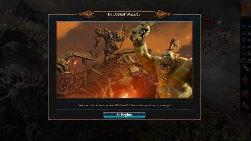 Un écran pop-up avant la guerre dans Total War: Warhammer 3 Immortal Empires, avec Orcs se préparant pour Waaaagh