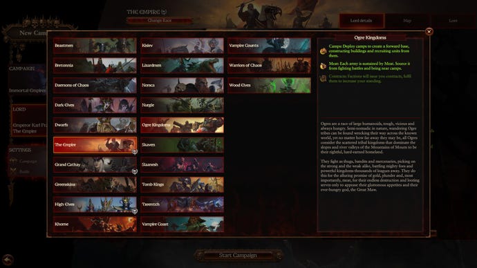L'écran de faction Choisissez dans Total War Warhammer 3 Empires immortels. Il y a beaucoup de factions, notamment des ogres, des humains, des vampires, des orques, des elfes, etc