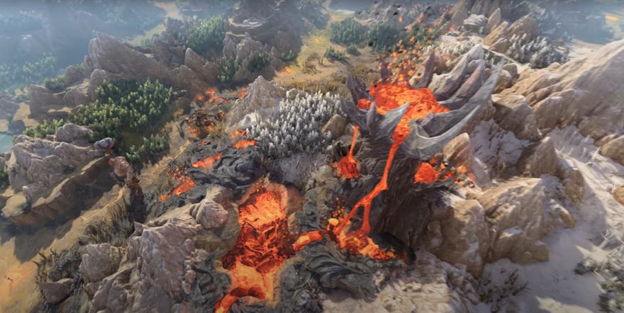 A screenshot of a lava mountain and firebelly ogre in Total War: Warhammer 3's campaign map.