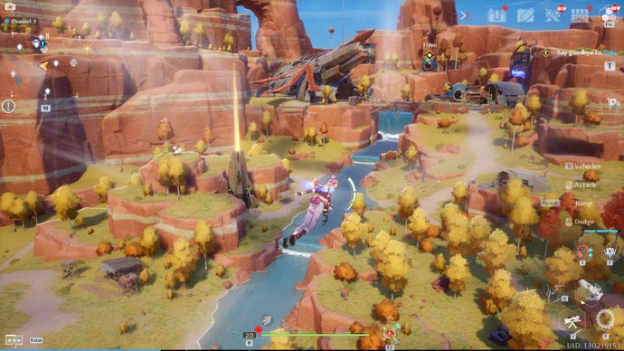 The player jetpacks across Tower Of Fantasy's first autumnal area.