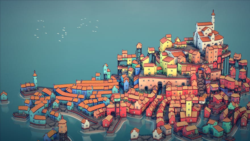 A pretty island town in a Townscaper screenshot.