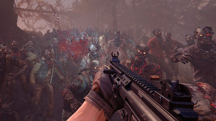 The player aiming a gun at a crowd of zombies in John Carpenter's Toxic Commando