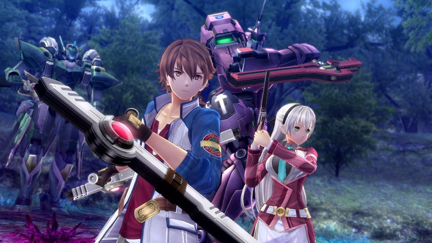 Trails Of Cold Steel IV - Two characters stand armed and ready to fight with mechs behind them.