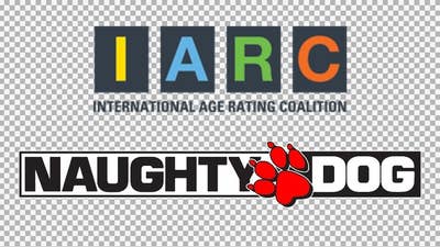 Logos of the IARC and Naughty Dog set against a checkerboard background indicating transparency