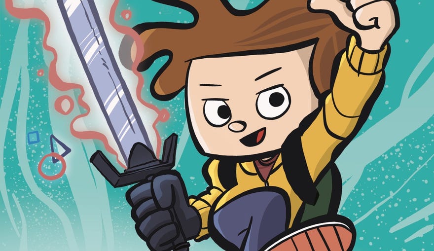 Illustration of a boy wearing a yellow hoodie and holding a glowing sword