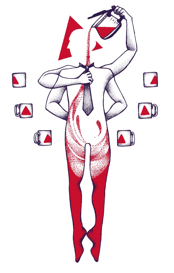 Promotional art for tabletop RPG Triangle Agency featuring an esoteric entity pouring coffee into itself and surrounded by cups.
