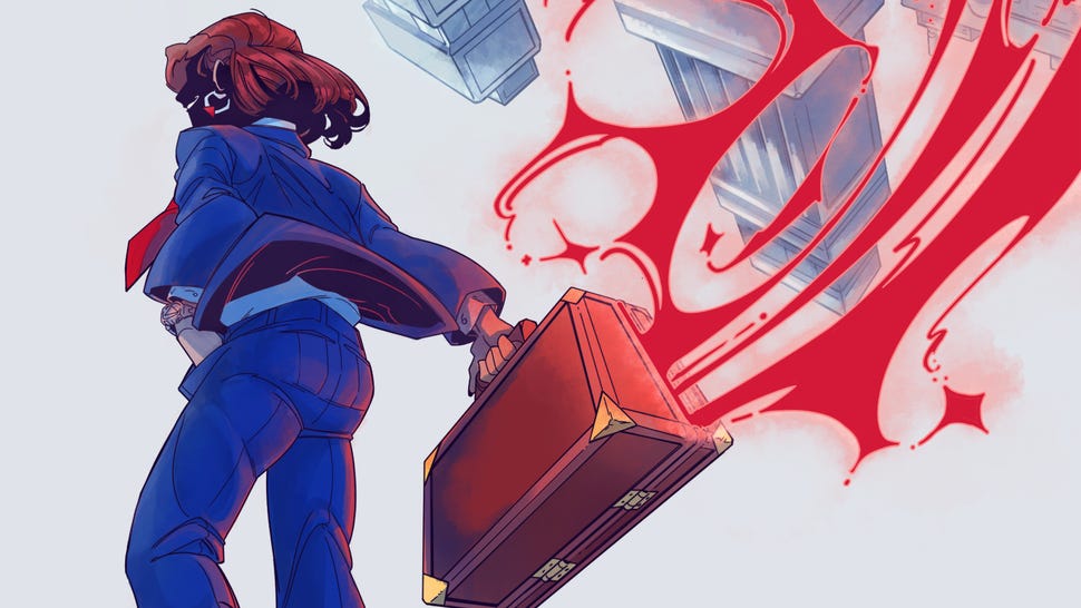 Promotional art for tabletop RPG Triangle Agency featuring someone in a blue suit carrying a briefcase spilling red light.