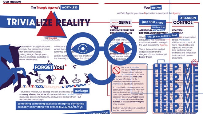 Promotional art for tabletop RPG Triangle Agency featuring a page from the rulebook defaced by one of the in-universe narrators.