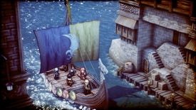 A Triangle Strategy screenshot showing 2D sprites standing on a boat in port in a 3D, isometric world.
