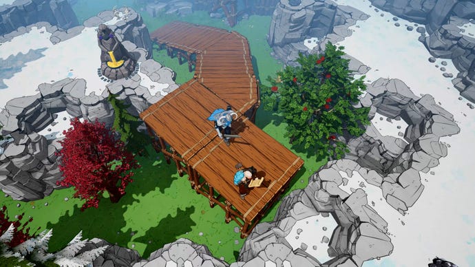 Two vikings walk up a wooden bridge in a mountain scene in Tribes Of Midgard