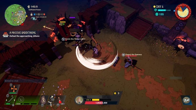 A screenshot of combat against monsters at night in Tribes Of Midgard