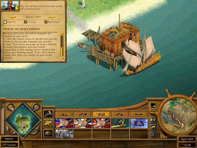 Ein Screenshot eines Piratenschiffs, das in einem Hafen in Tropico 2: Pirate Cove anlegt