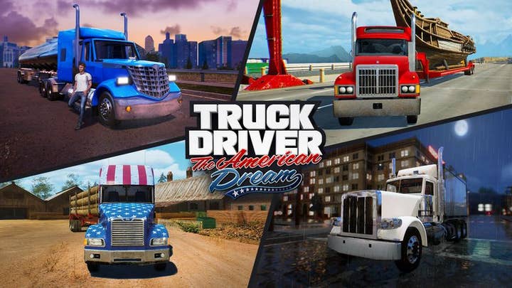 A promotional image for Truck Driver: The American Dream showing the logo in the center surrounded by images of four big rigs from the game