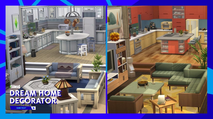 A screenshot of The Sims 4 Dream Home Decorator game pack showing a comparison between a kitchen/living space before and after makeover.