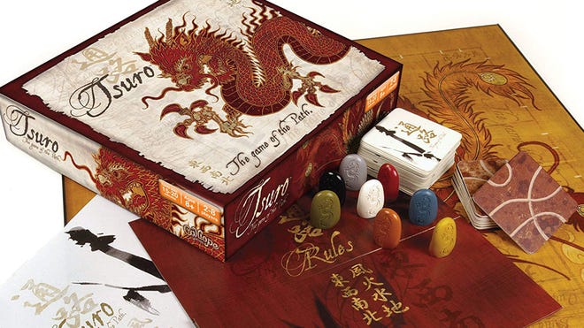 Tsuro quick board game box and components
