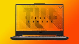 a photo of a tuf gaming a15 laptop, showing its angular design, big screen and light-up keyboard