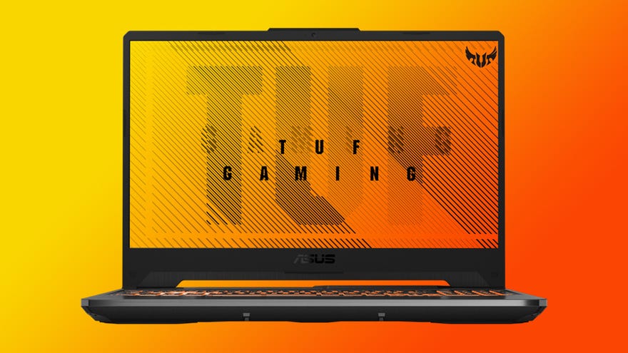 a photo of a tuf gaming a15 laptop, showing its angular design, big screen and light-up keyboard
