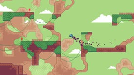 A screenshot of Tumbledown Drive showing a 2D car leaping in the air, smoke trailing behind, between grassy platforms suspended high in the sky.