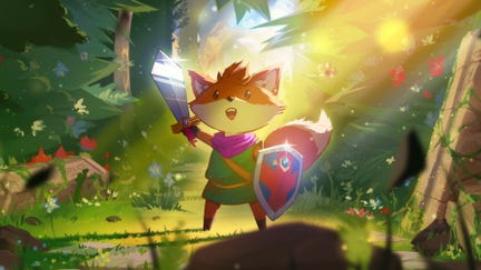 Tunic artwork showing a cute fox raising its sword in a forest scene