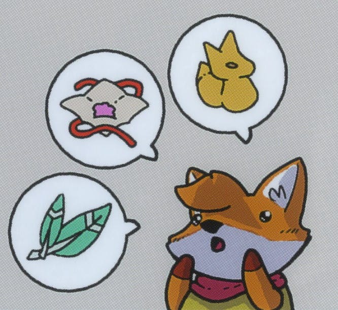 A fox thinks about three objects in Tunic.