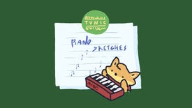 The cover artwork for the Tunic Piano Sketches album, showing a fox playing a tiny piano on a green background
