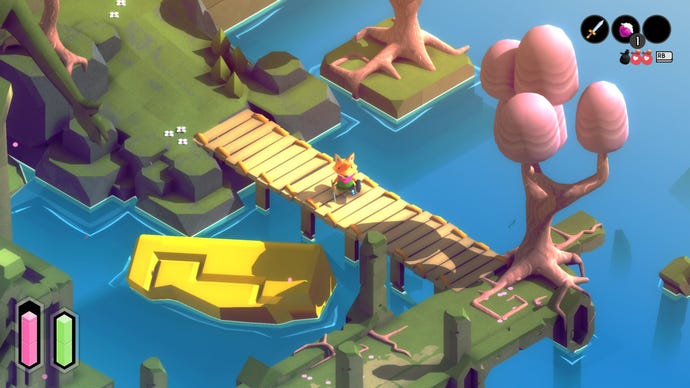 A smal fox stands on a bridge in the colourful forest world of Tunic