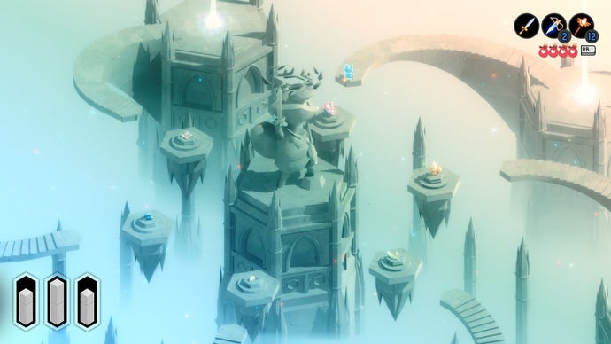 A fox statue raises a sword to the sky in Tunic
