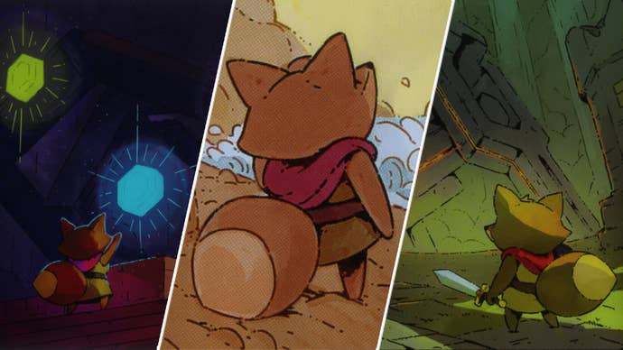 Triptych of images featuring the player character, a small cute fox, in Tunic.
