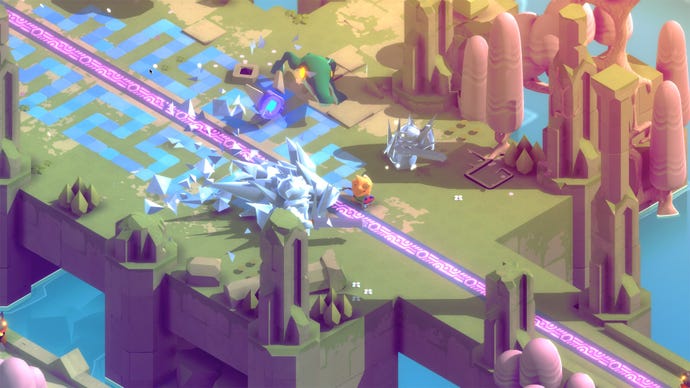Tunic fox using the magic dagger to freeze enemies while a crocodile attacks from behind in the West Garden